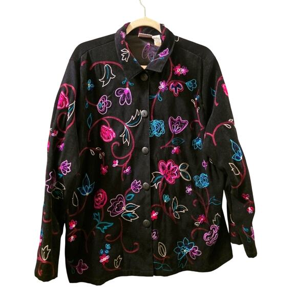 Vintage Jackets & Blazers - Vtg All Over Floral Embroidered Black Velvet Jacket Size XL Cottagecore Boho
